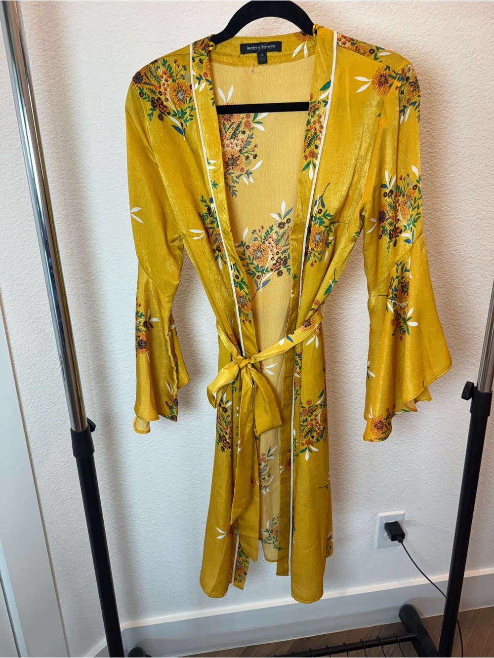 Jealous Tomato Mustard Floral Duster Kimono Cardigan Tie Waist Boho Size M